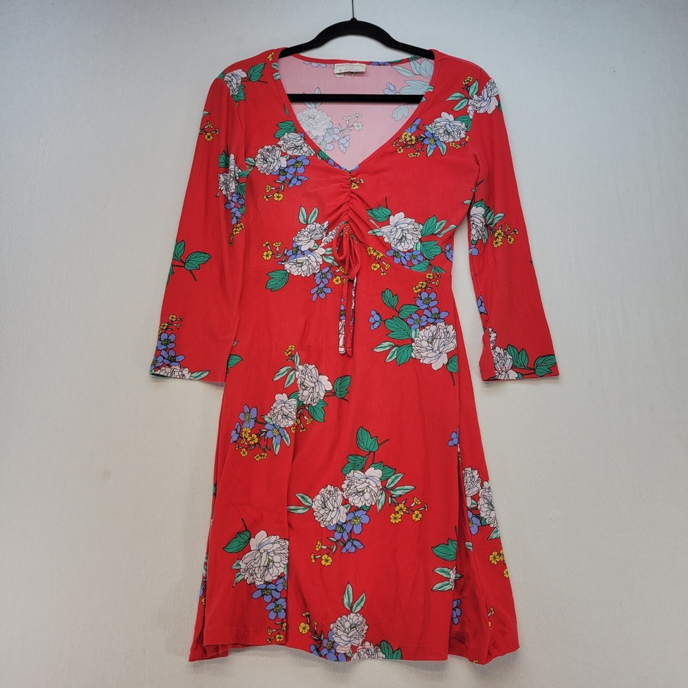 Bobbie Brooks Dress Women Medium Red Floral V-Neck Ruched Bust 3/4 Sleeve A-Line